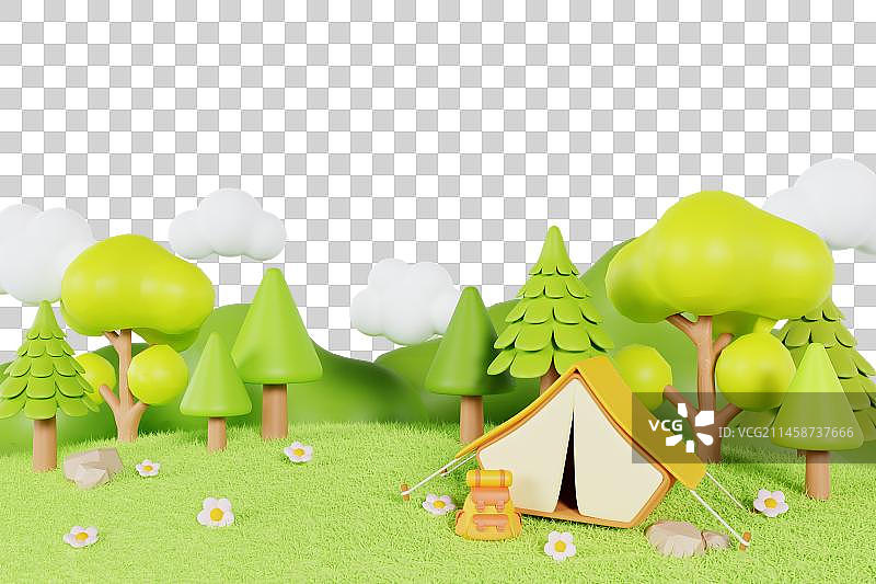 C4D立体春游森林露营搭帐篷场景元素图片素材