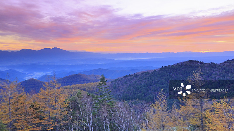 日本长野县上田市浅间山、美原高原美术馆附近的朝霞与秋叶图片素材