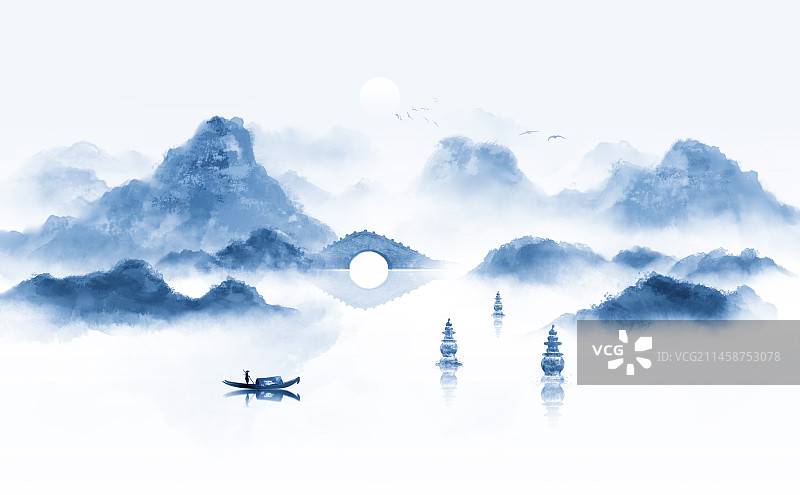 杭州西湖断桥三潭映月地标建筑背景插画图片素材