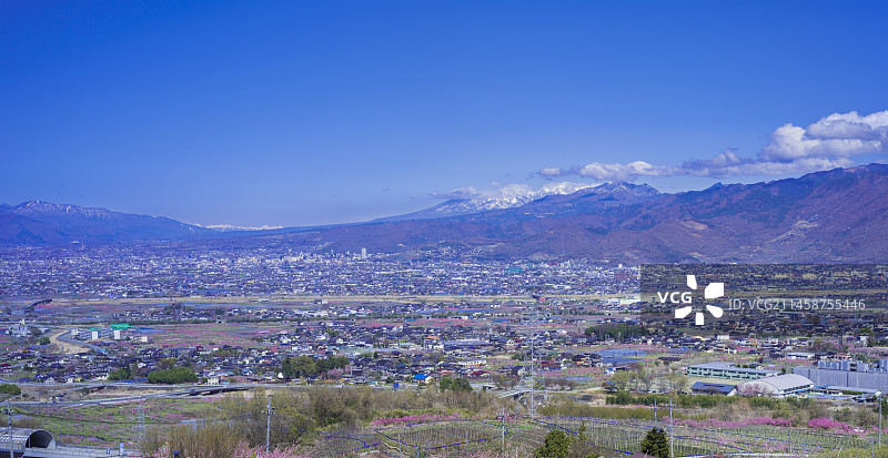 山梨县甲府盆地的桃花景观图片素材