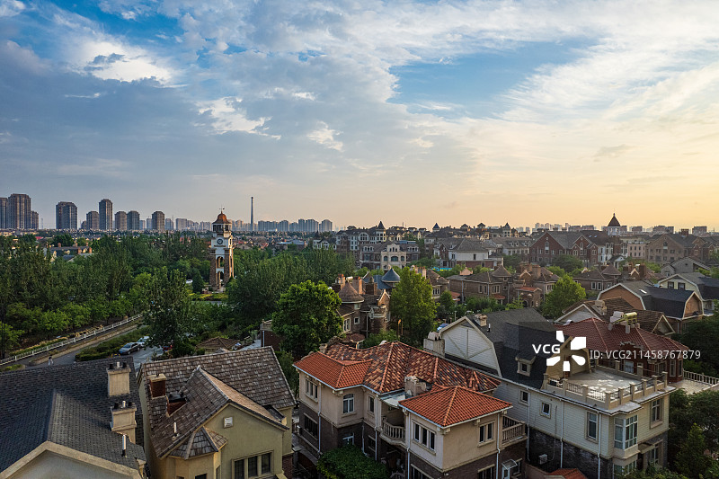 天津外环线周边城镇建筑日落风光图片素材