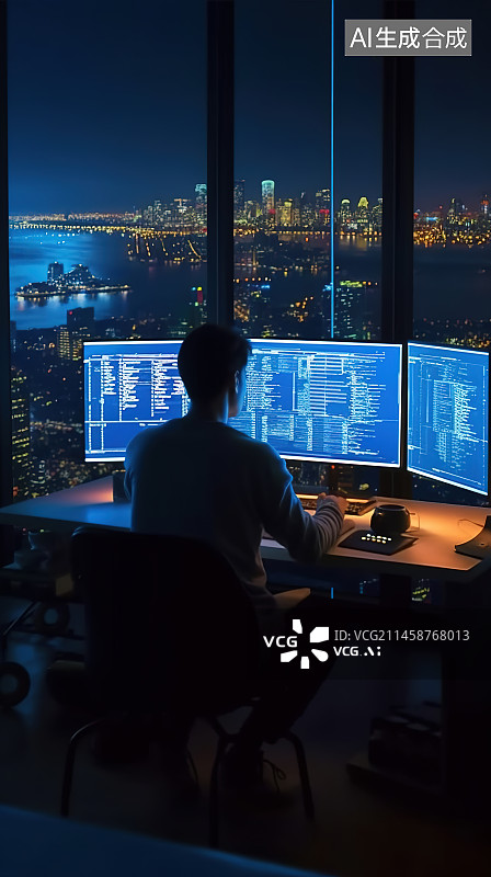 【AI数字艺术】深夜在电脑前加班的研发人员图片素材