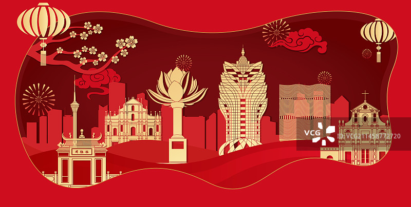澳门城市地标建筑红色剪纸风格矢量插画海报图片素材