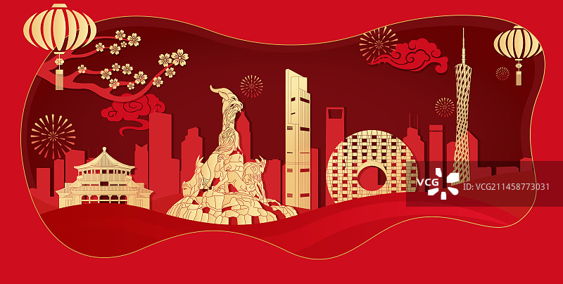广州城市地标建筑红色剪纸风格矢量插画海报图片素材