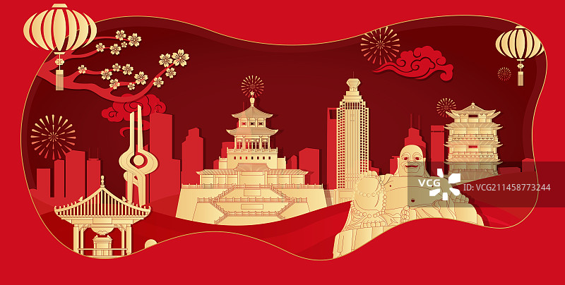 济南城市地标建筑红色剪纸风格矢量插画海报图片素材