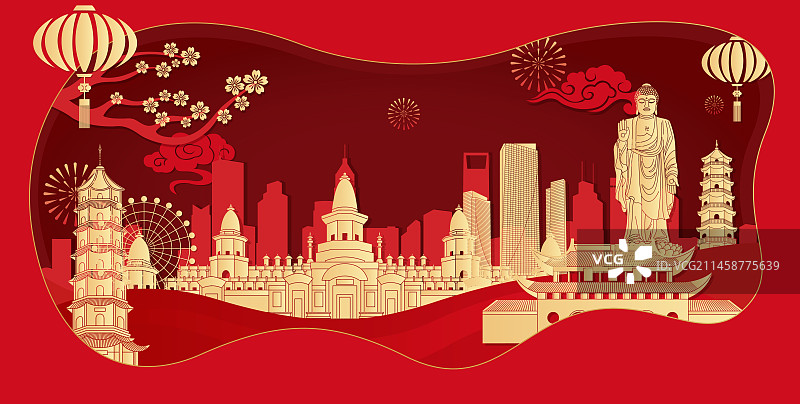 无锡城市地标建筑红色剪纸风格矢量插画海报图片素材