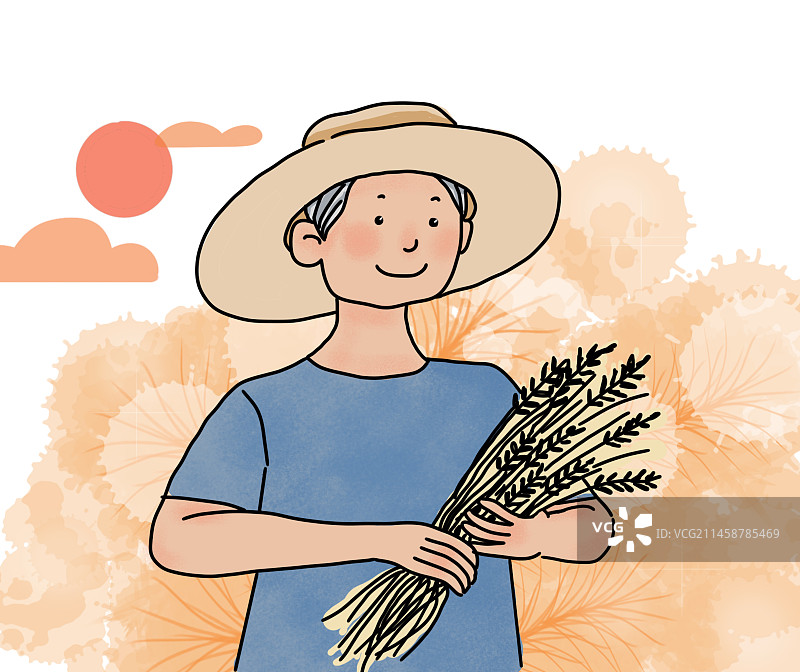 秋收农民伯伯抱着麦穗开心的笑卡通人物扁平风插画图片素材