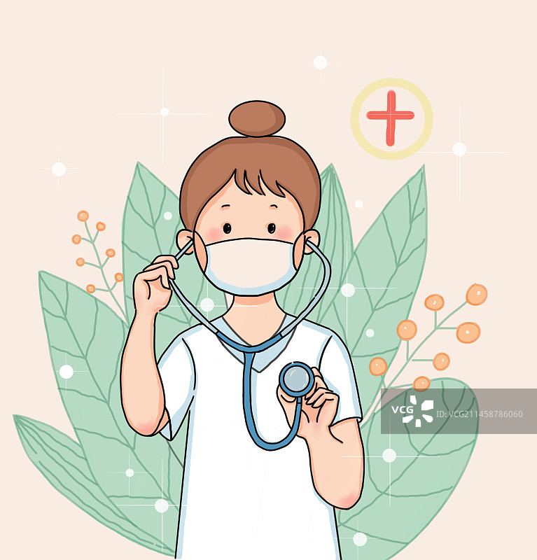 手拿听诊器的女医生护士植物背景卡通人物扁平插画图片素材