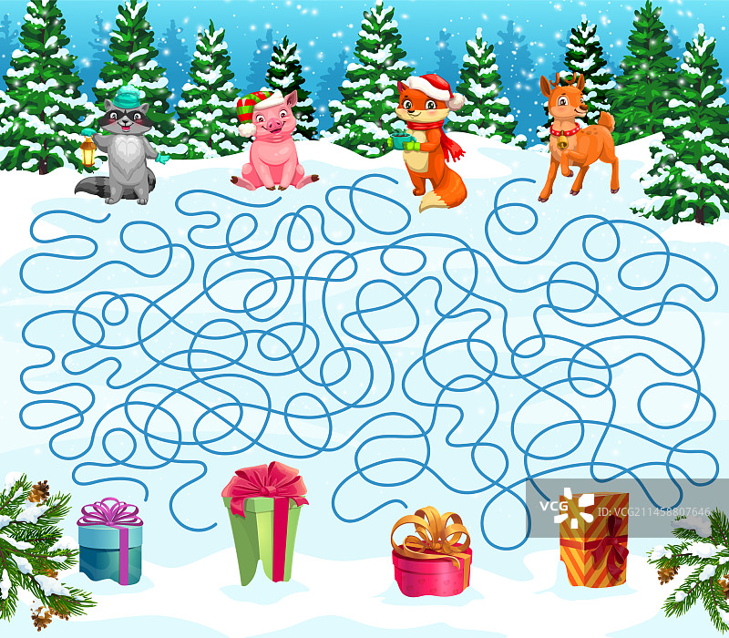 圣诞迷宫，帮助动物找到礼物图片素材