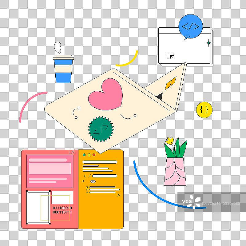 电脑、窗口、咖啡办公矢量描边插画装饰元素图片素材