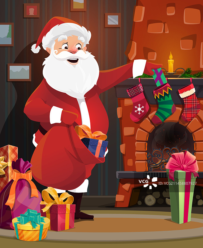 圣诞老人在壁炉旁把礼物放进袜子里图片素材
