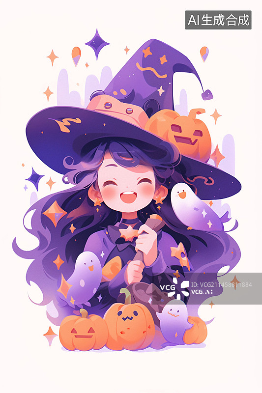【AI数字艺术】卡通万圣节魔法女巫插画图片素材