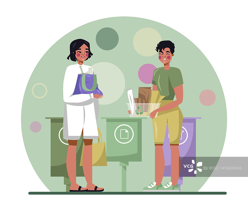 女士和男士拿着瓶子和纸张回收图片素材