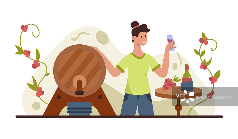 年轻女士站在酒桶旁手持酒杯图片素材