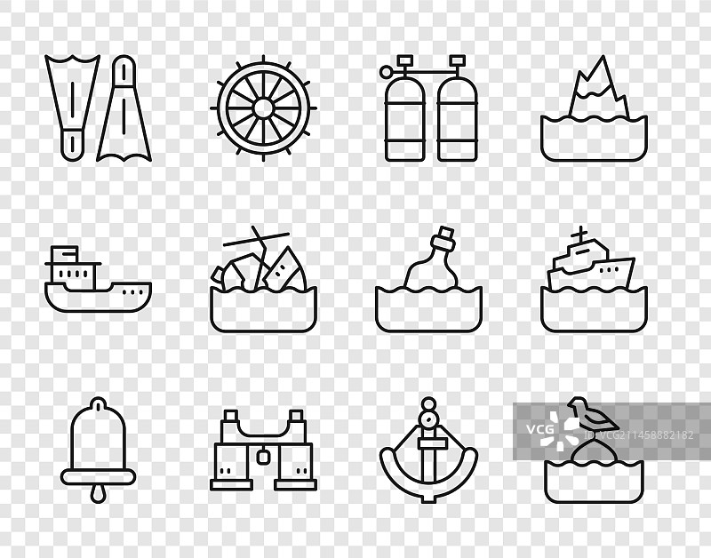 海鸥浮标船钟线条组合图标图片素材