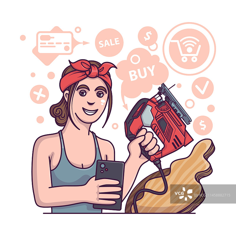 拿着钢丝锯，准备切割木头的年轻女士图片素材