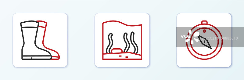 线条、指南针、渔具和水族箱图标图片素材