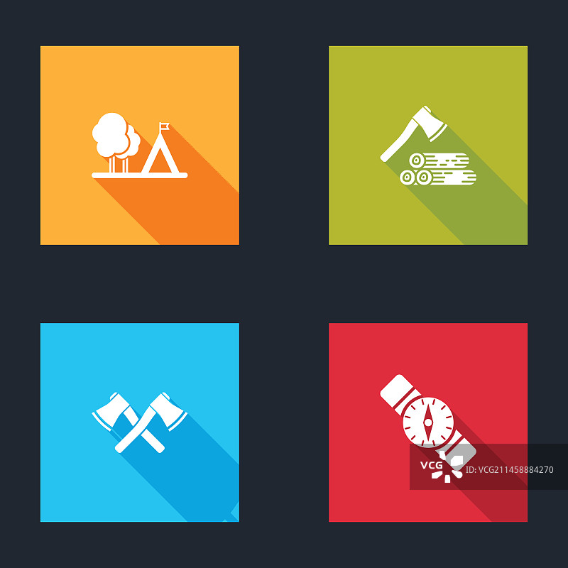 带旗帜、木斧和木头的旅行帐篷图片素材