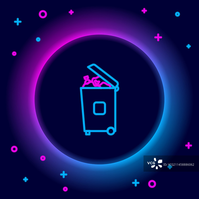 黑色背景上的发光霓虹线条垃圾桶图标图片素材