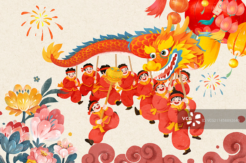 春节年俗插画舞龙图片素材