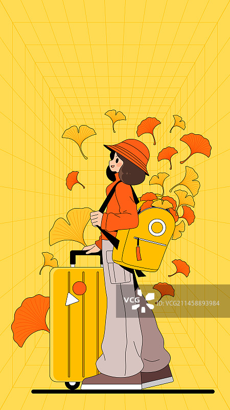 银杏树叶和背包女孩图片素材