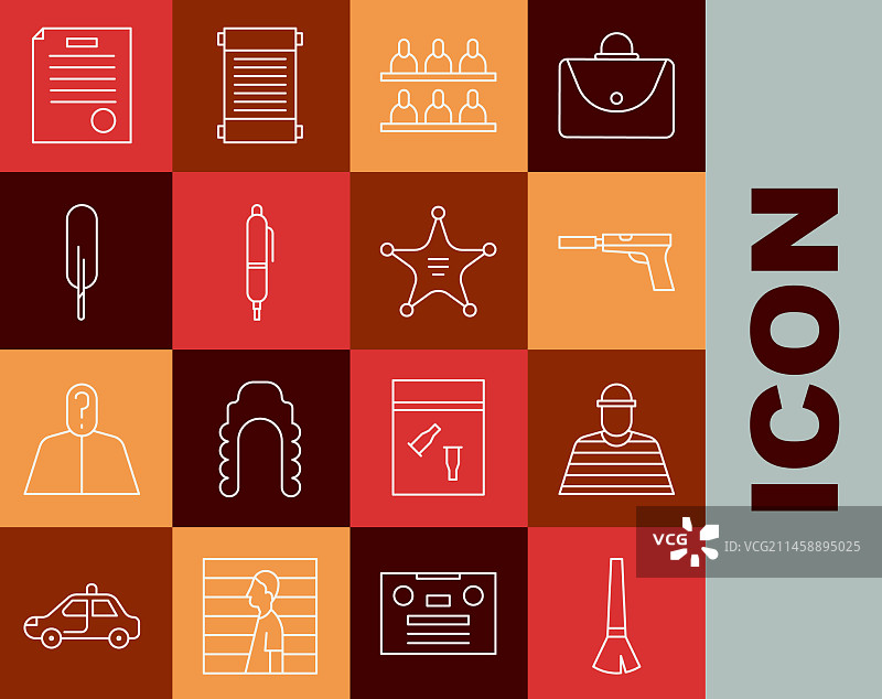 画笔、手枪和囚犯线条图标组合图片素材