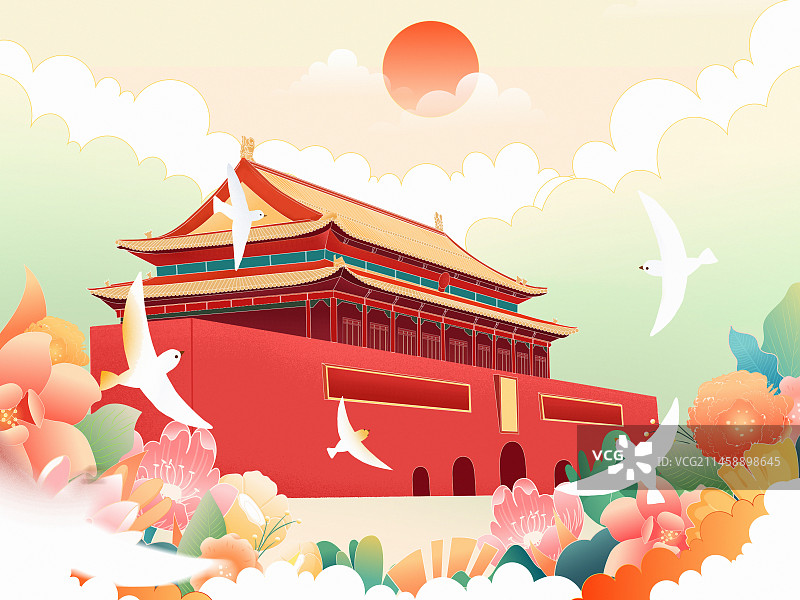 2024传统节日国潮风春节 中国国庆节 建军节 北京天安门城市地标建筑插画图片素材