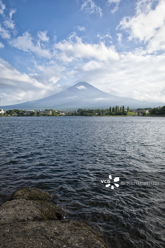 从河口湖眺望夏季的富士山、蓝天和白云图片素材