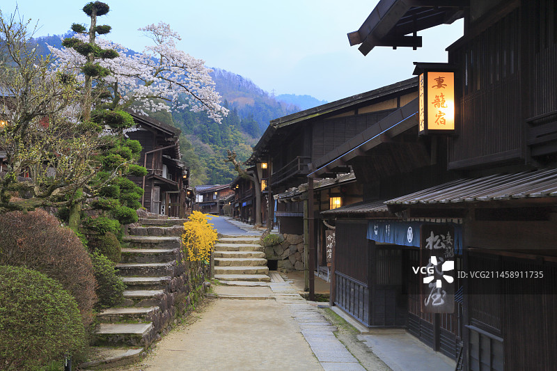 日本妻笼宿的樱花，长野县木曾郡南木曾町图片素材