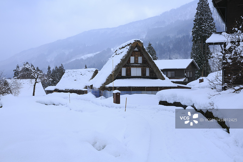 日本富山县南砺市五箇山相仓合掌村雪景图片素材