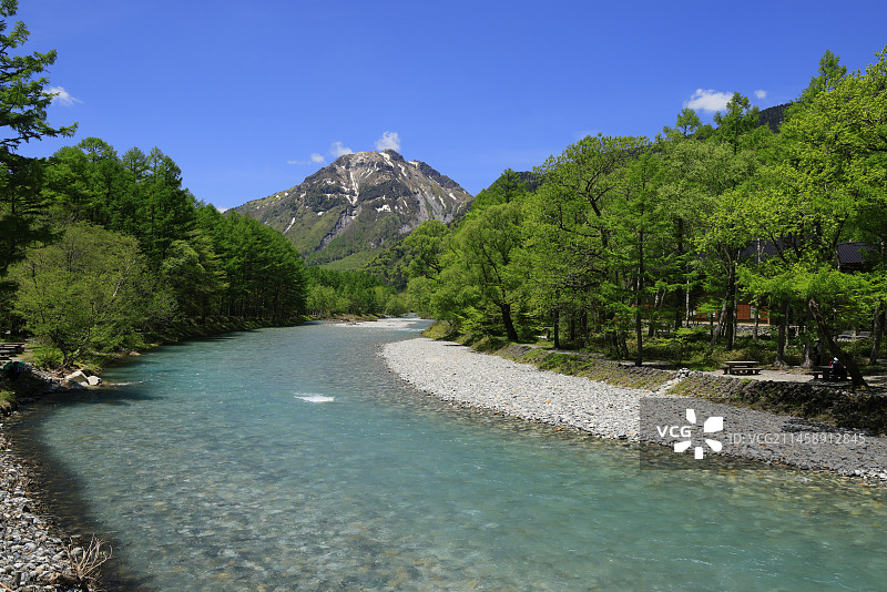 日本长野县上高地梓川与烧岳图片素材