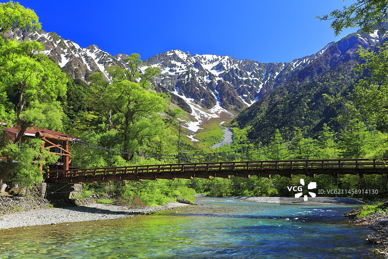 日本上高地河童桥与穗高山脉雪景图片素材