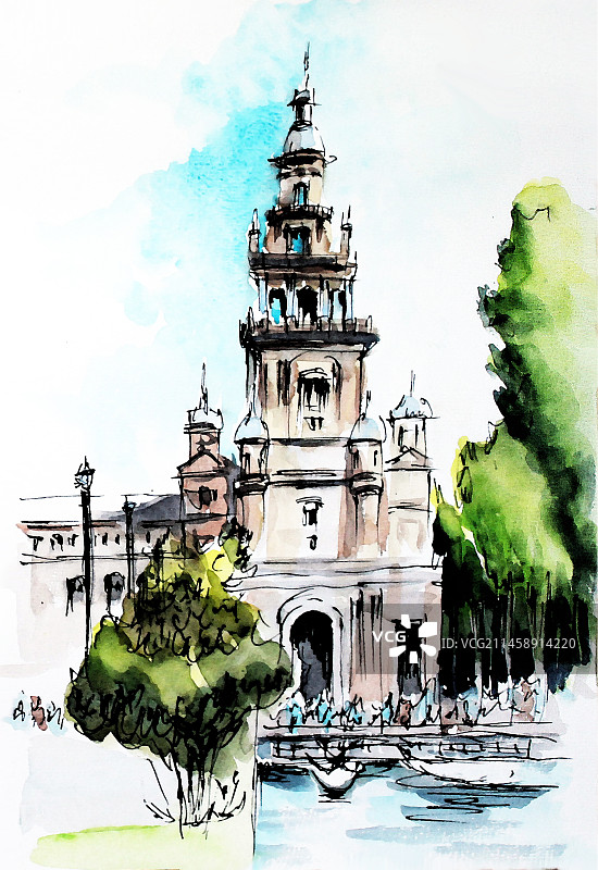 手绘速写色彩国外建筑图片素材