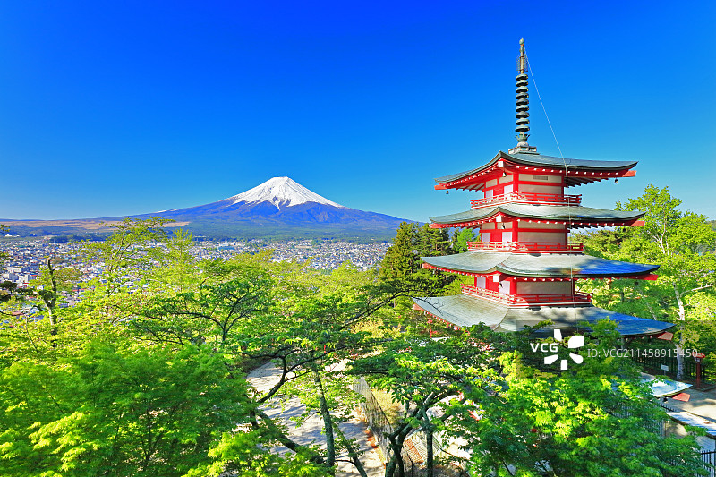 日本山梨县新仓山浅间公园五重塔与富士山新绿雪景图片素材