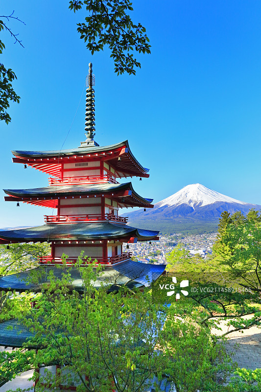 日本山梨县新仓山浅间公园五重塔与富士山新绿雪景图片素材