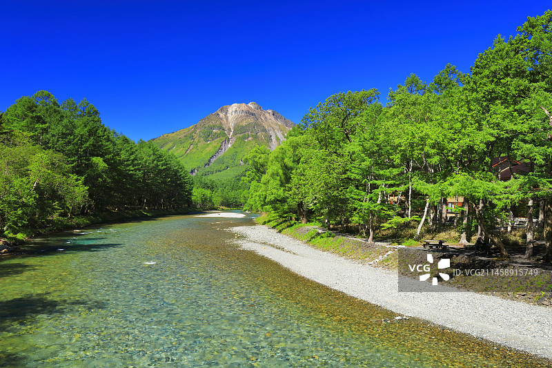 日本上高地：晴朗天气下，从河童桥看到的梓川和烧岳图片素材