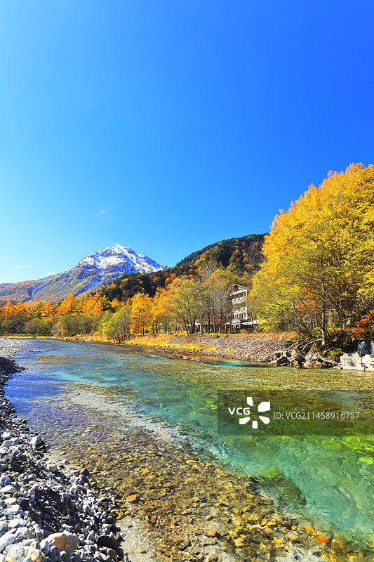 日本上高地梓川烧岳秋叶雪景图片素材