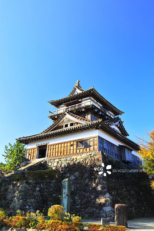 日本福井县坂井市丸冈城天守阁秋季晴空图片素材