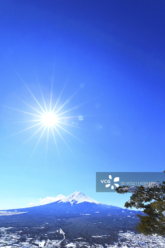 日本山梨县南都留郡的富士山与松树雪景图片素材