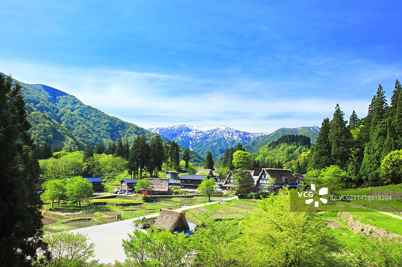 世界遗产：日本富山县五箇山合掌村春景图片素材