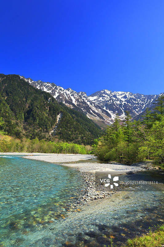 日本上高地梓川清流与穗高山脉的残雪，长野县松本市图片素材