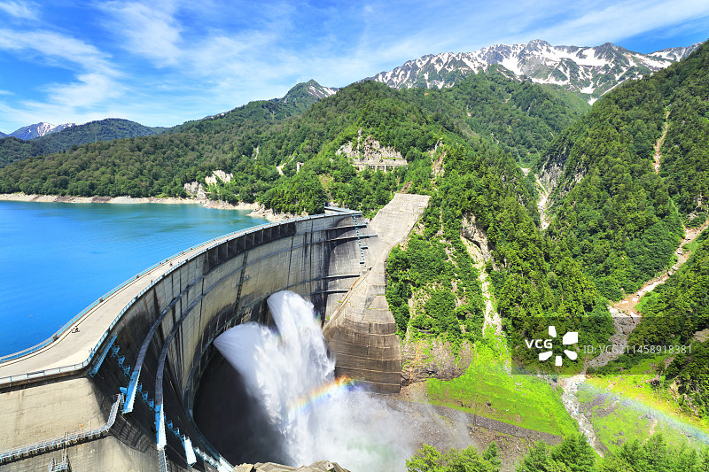 日本富山县立山峰和黑部水坝夏季彩虹图片素材
