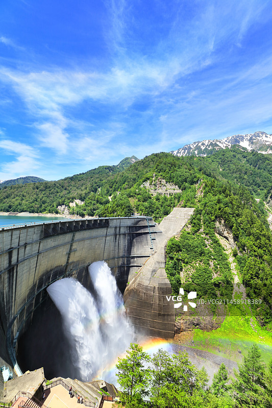 日本富山县立山峰和黑部水坝夏季彩虹图片素材