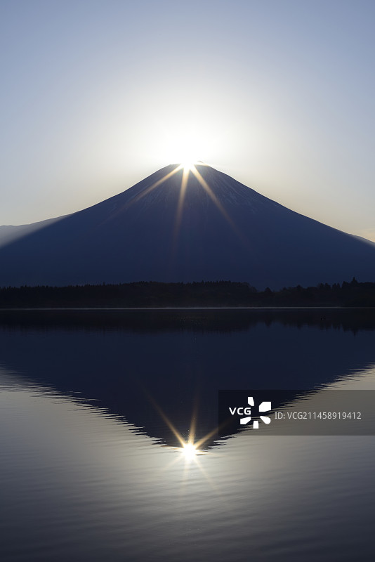 从田贯湖看到的双钻富士山，日本静冈县富士宫市图片素材