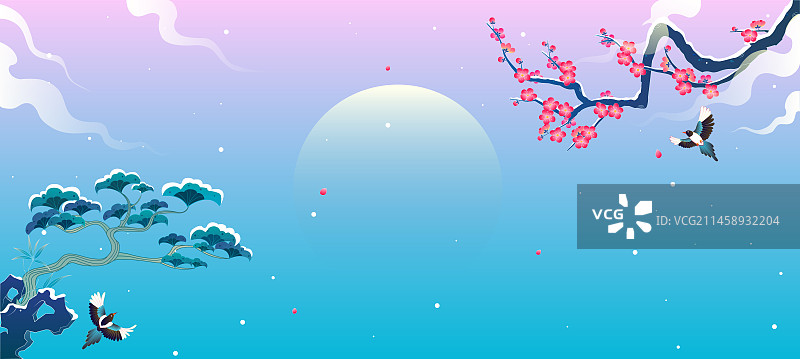 冬天梅花梅树松树国潮中国风矢量插画图片素材