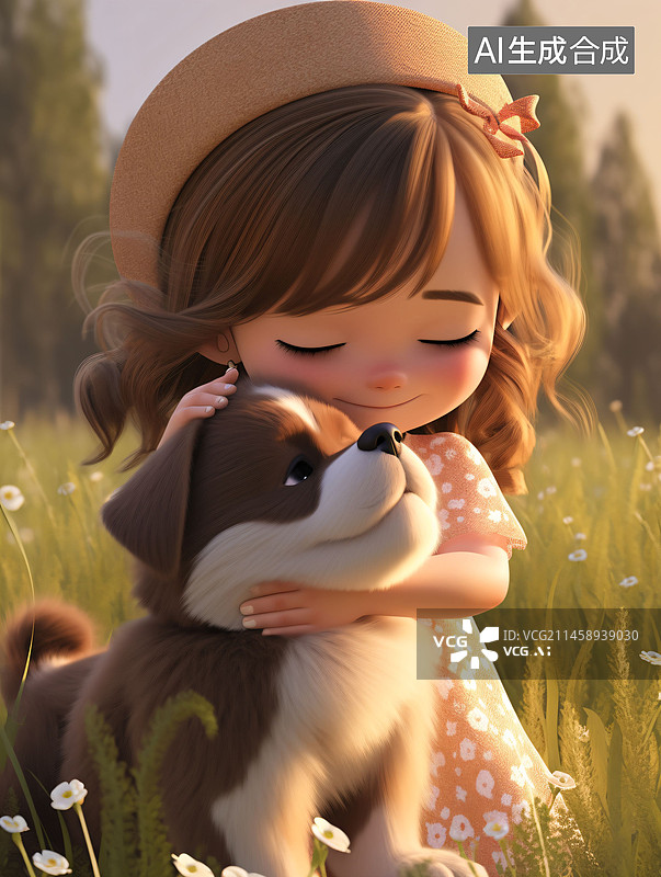 【AI数字艺术】草地上的小女孩和小狗，拥抱，宠物图片素材