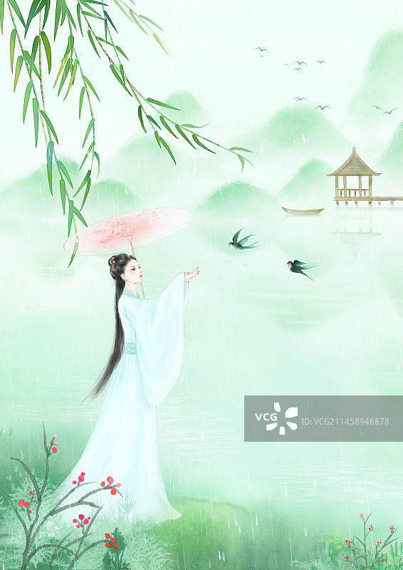 古风水彩水墨山水风景插画图片素材