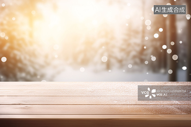 【AI数字艺术】空木制展示产品架的模型，早晨阳光中模糊的雪松森林的桌子图片素材