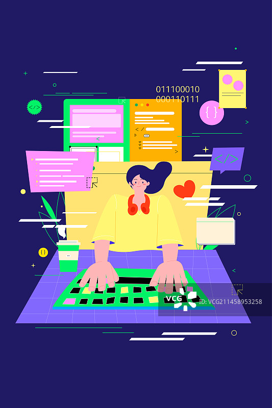 女孩开心写代码工作高科技矢量插画竖图图片素材