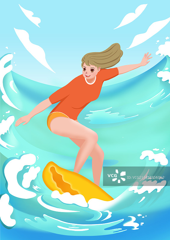 冲浪女孩扁平风原创手绘创意插画图片素材